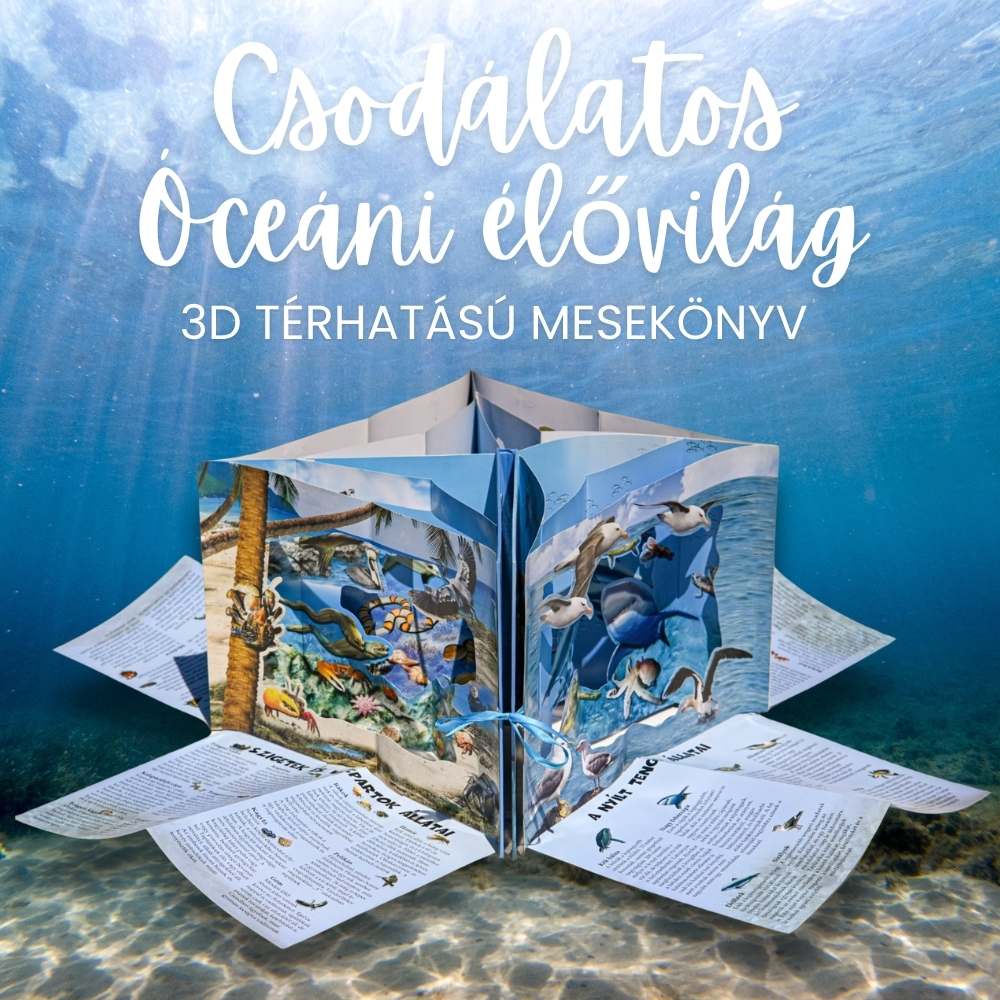 3dimenziós térhatású mesekönyv az óceáni élővilágról. Tanító jellegű leírásokkal, körbeforgatható térhatású oldalakkal.